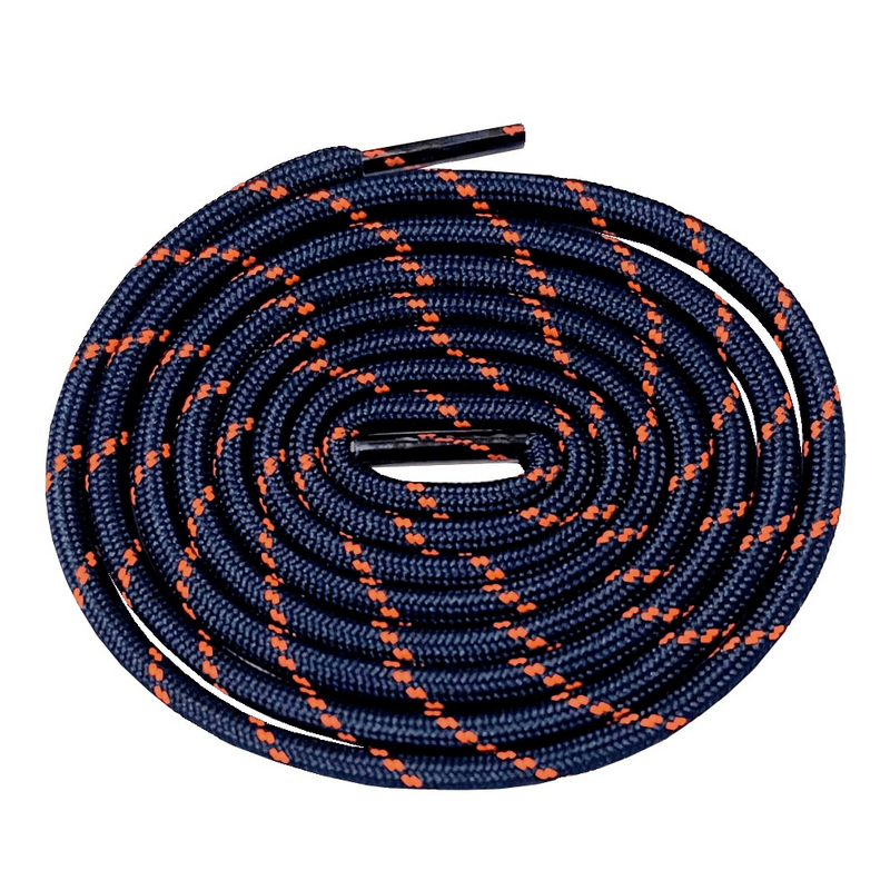 Round strong blue and orange geometric trekking shoe laces made of durable polyester, ideal for unisex use in outdoor footwear.
